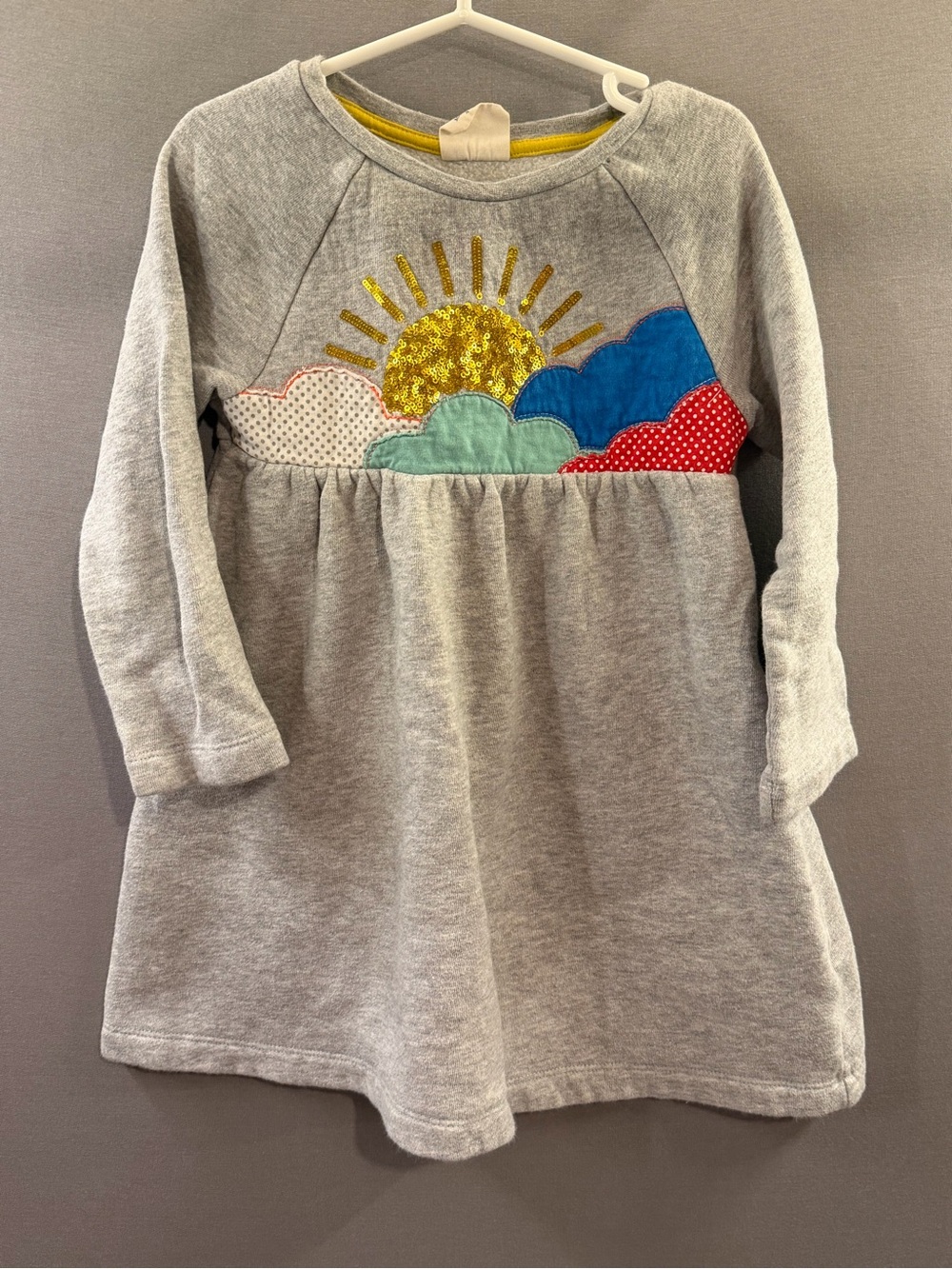 Mini Boden Gray Girls' Sun & Clouds Sweatshirt Dress with Gold Sequin 4/5T